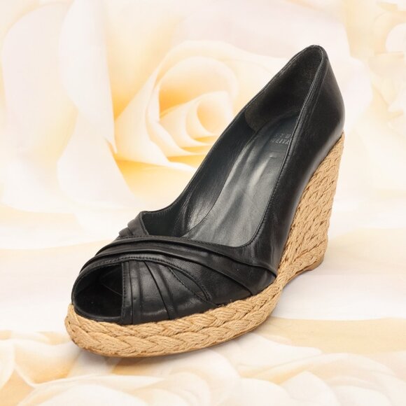 Stuart Weitzman Peep Toe Espadrille Wedge Heels Shoes 7M Black Leather - Picture 3 of 10